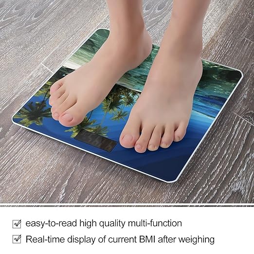 Palm Trees and Clear Sea Scale for Body Weight Anti-Slip Digital Bathroom Scale Sturdy Toughened Glass Weighing Scales High Precision Safe Rounded Corners Smart Scales