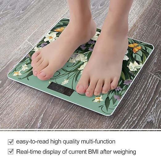 Flowers and Butterflies on Green Background Scale for Body Weight Highly Accurate Digital Bathroom Scale Sturdy Tempered Glass Weighing Scales with LCD Display Fashion Body Fat Smart Scales 400lb