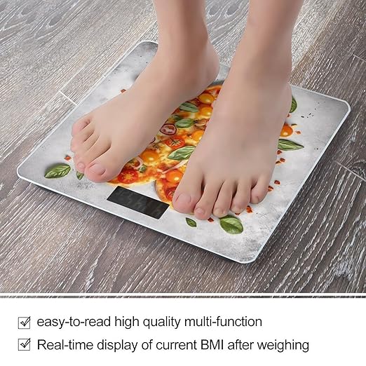 Tomato Heart Shaped Pizza Scale for Body Weight Anti-Slip Tempered Glass Digital Bathroom Scales Clear LCD Display Weighing Scale Safe Rounded Corners Smart Scales