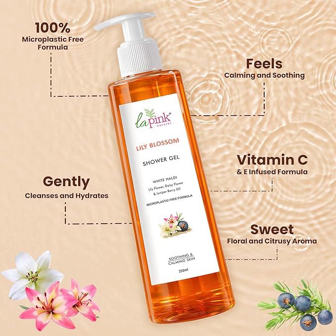 La Pink Lily Blossom Shower Gel with White Haldi &amp Flower Extracts | For Soothing &amp Calming Skin | 100% Microplastic Free Formulation 250 ML