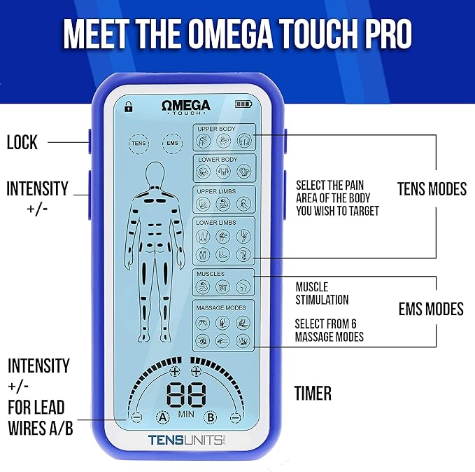 OMEGA Touch TENS Unit &amp Muscle Stimulator Combo Unit 24 Modes for Pain and Muscle Relief Rechargeable Pulse Massager with Electrodes Pads…