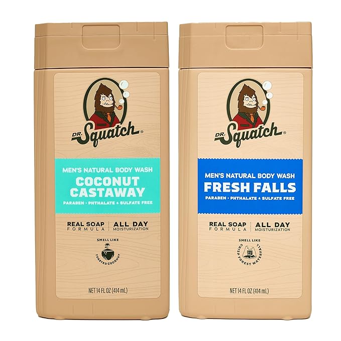 Dr. Squatch Natural Men's Body Wash Shower Gel - Cleansing Nourishing Long Lasting Scent Moisturizing Body Wash for Men - Fresh Falls + Coconut Castaway (14 oz 2-Pack)