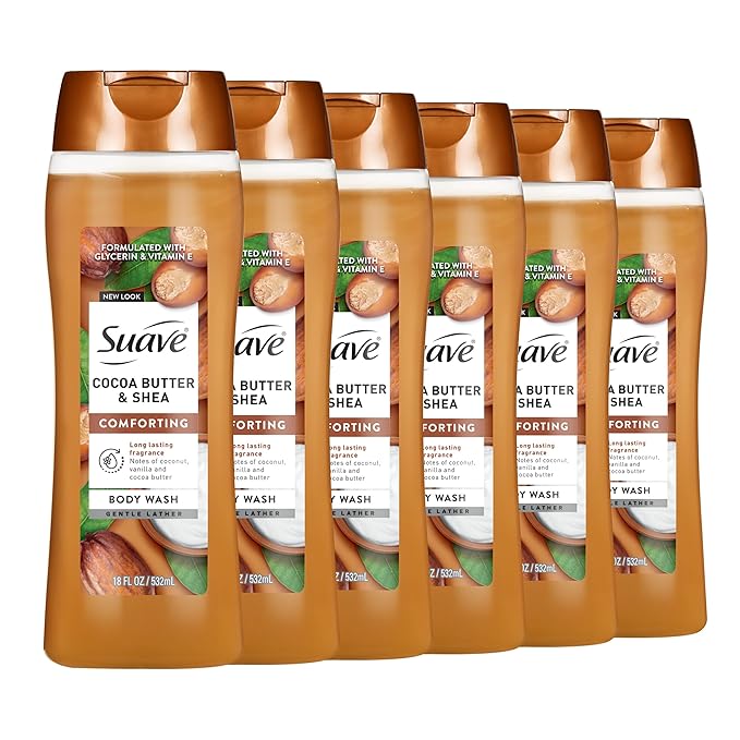 Suave Moisturizing Body Wash Cocoa Butter and Shea with Vitamin E Extract No Parabens No Phtahaltes 18 Oz Pack of 6