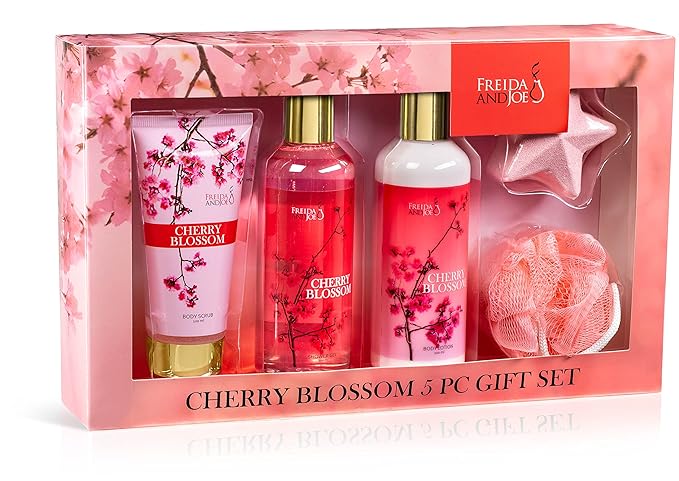 Bath and Body Gift Basket For Women Cherry Blossom Bath &amp Body Collection Includes Shower Gel Body Lotion Body Scrub Bath Bomb &amp Sponge – Mother's Day Gift for Mom