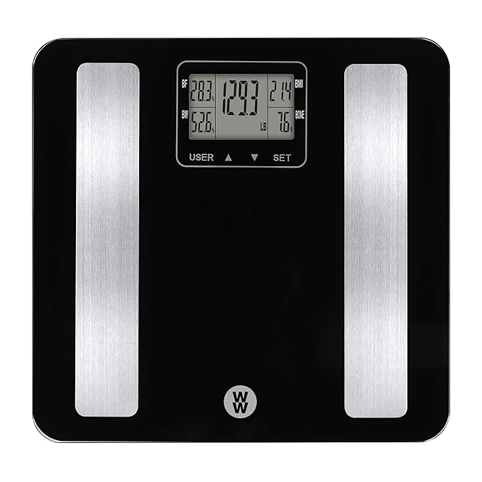 Weight Watchers Scales by Conair BathroomScale for Body WeightGlass Digital Scale with Body Analysis Measures Body Fat Body WaterBMI &amp Bone Mass for 4 Users Measures Weight up to 400 Lbs.in B