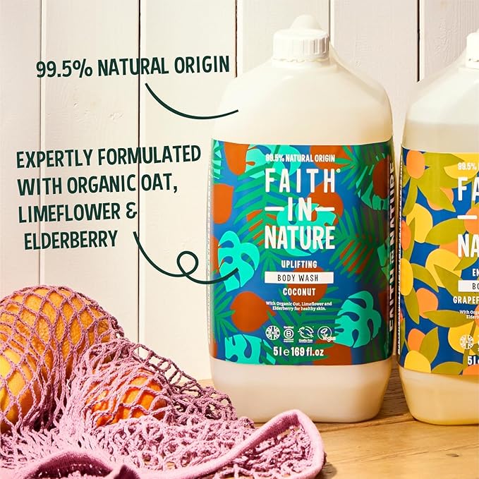Faith In Nature Natural Hand Wash &amp Body Wash Set - Vegan &amp Cruelty Free No SLS or Parabens - 2 x 169 fl oz Value Bundle Pack Coconut