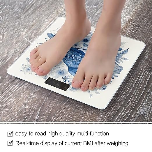 Bluebird and Flowers Scale for Body Weight Highly Accurate Digital Bathroom Scale Sturdy Tempered Glass Weighing Scales with LCD Display Fashion Body Fat Smart Scales 400lb