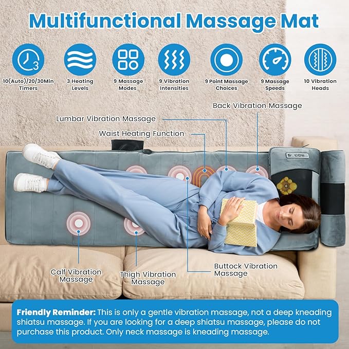 Moclever Full Body Massage Mat with HeatElectric Massage Pad for Back NeckFoot Lumbar Support3 Heated Levels 10 Vibrating Nodes W/Head PillowCloth Lumbar PillowTimer Anti-Slip Bottom Earplugs