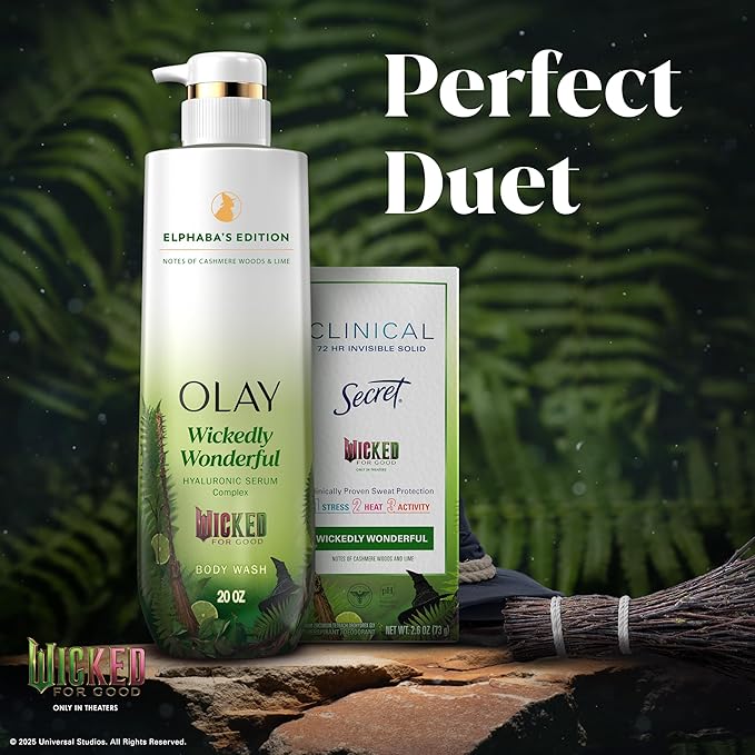 Olay Wicked Body Wash + Secret Invisible Solid Antiperspirant Deodorant Bundle Wickedly Wonderful Elphaba’s Edition Cashmere Woods &amp Lime Scent 20 fl oz + 2.6 oz (Pack of 2)