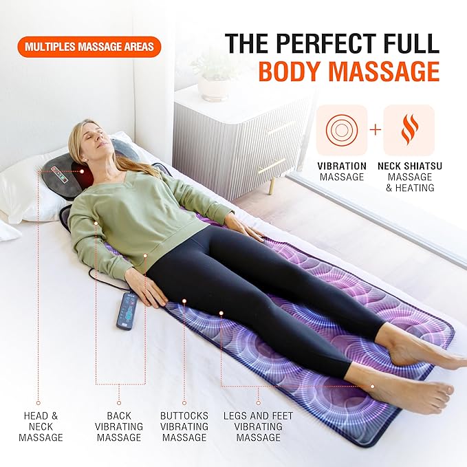 Full Body Massage Mat Vibrating Mattress Pad Bed Massager Mat Massage Mats for Full Body with Detachable Pillow with Heat Alleviates Muscle Pain Improves Circulation and Stress Relief by SITFIT