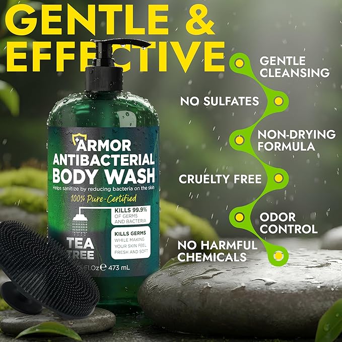 Antibacterial Body Wash with Tea Tree Oil | Antibacterial Soap for Men &amp Women | Kills 99.9% of Germs &amp Bacteria | Helps with Back Acne Body Odor &amp Skin Irritation | Includes Scrubber 16