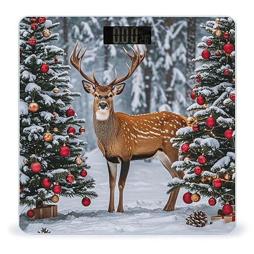 Cow Deer Trees Christmas Bathroom Scale for Body Weight LCD Display Digital Bathroom Scale Tempered Glass Bathroom Weight Scales Fashion Smart Scales for Home Bedroom 400 Lb