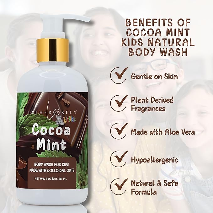 Kids Body Wash – Plant Based Gentle Moisturizer with Shea Butter – Safe for Sensitive Skin – Cocoa Mint – 3 Pack (8 oz Each)