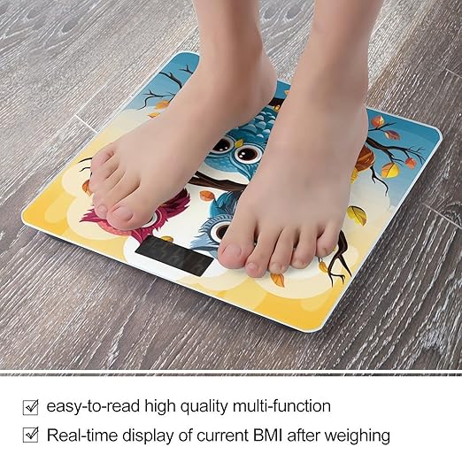 Owls on Tree Branches Bathroom Scale Large LCD Backlight Display Digital Scale Rounded Corners Body Scales Automatic Power On/Off Bathroom Scales for Home Bedrooms