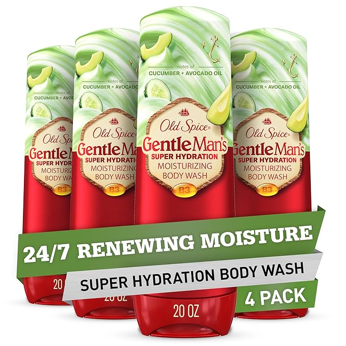 Old Spice Super Hydration Body Wash GentleMan’s Blend Cucumber + Avocado Oil for Deep Cleaning and 24/7 Renewing Moisture // Comfort dry skin even after rinsing 20 oz (Pack of 4)