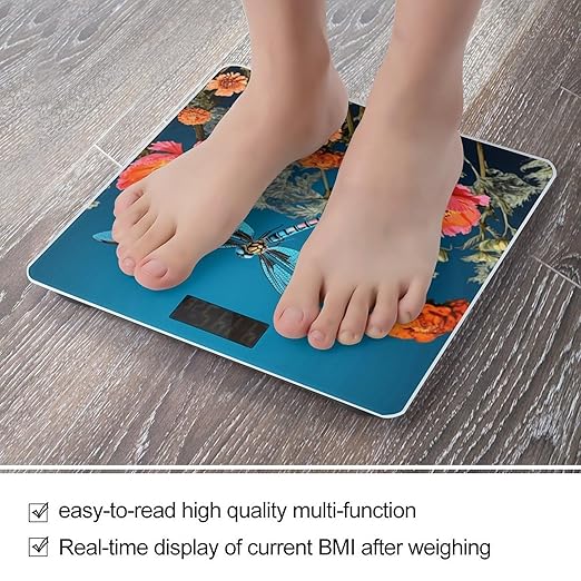 Dragonfly and Flower Bathroom Scale for Body Weight Bathroom Weighing Scale with Backlit LCD Display Highly Accurate Measures Weight Up to 180kg