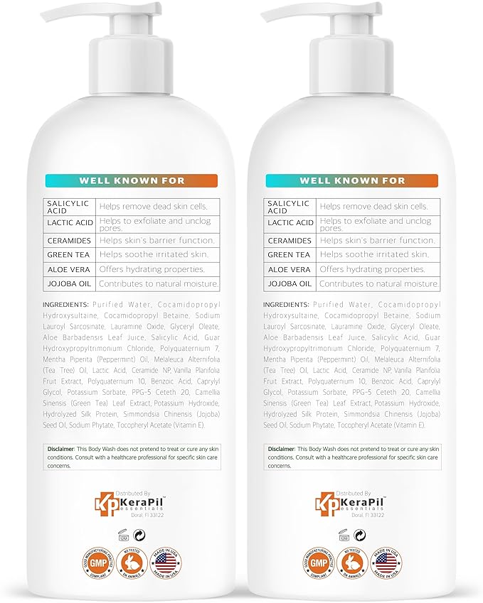 Salicylic Acid Body Wash - Skin Non-drying Gentle Exfoliates Rough and Bumpy Skin Body Acne Wash BHA &amp AHA - Unscented Exfoliating Body Wash Made in USA - (16 fl oz x 2)