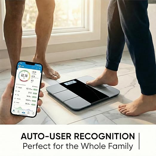 Smart Body Scale - Bluetooth Bathroom Scale with 18 Body Metrics &amp Trend Tracking Thickened I-Beam Design Large Tempered Glass 400 lbs Capacity (Charcoal Grey)