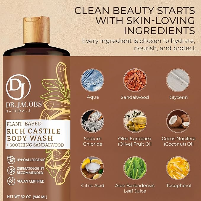 Dr. Jacobs Naturals Pure Castile Soap Liquid Body Wash Sandalwood - Plant Based Soap Infused with Vitamin E and Aloe Vera to Moisturize Dry and Sensitive Skin - Made in the USA - 32 oz Pack of 2