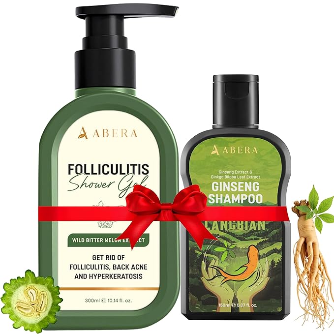 ABERA Folliculitis Shower Gel and Ginseng Anti Dandruff Shampoo for Men &amp Womenlon &amp Tea Tree 1 Box + Ginseng Anti Dandruff Shampoo Scalp Fungus Treatment Reduce Itching (Set 2)
