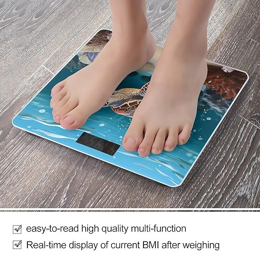 Sea Turtle Swimming Bathroom Scale Automatic Power On/Off Body Scales LCD Backlight Display Square Digital Scale Rounded Corners Bathroom Scales for Home Bedrooms