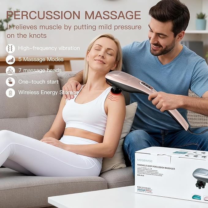 MEGAWISE Handheld Back Massager | Deep Tissue Percussion Massage for Back Neck Shoulders Waist and Legs (Rose Gold)