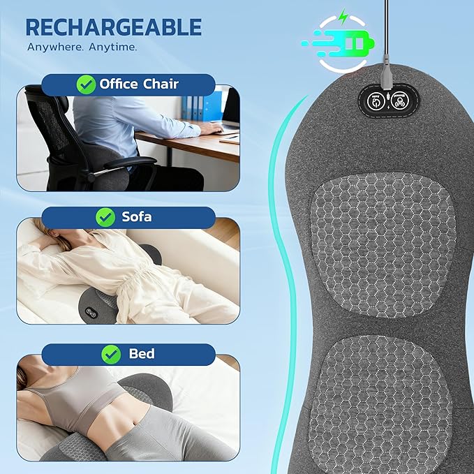 Rechargeable 3 in 1 Lumbar Support Pillow Electric Lower Back Massager Waist Decompression Devices Heat Vibration