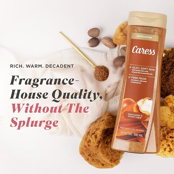 Caress Body Wash for Women Shea Butter &amp Brown Sugar Hydrating and Exfoliating Shower Gel for Gorgeous Radiant Skin 20 fl oz 4 Pack