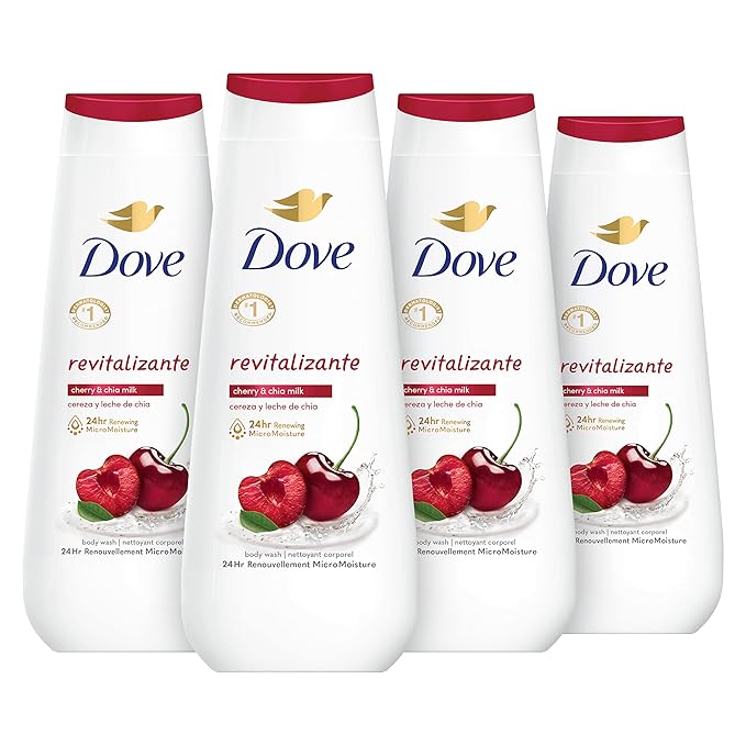 Dove Body Wash Revitalizante Cherry &amp Chia Milk 4 Count and Deep Moisture Sensitive Skin Cucumber and Green Tea and Shea Butter &amp Vanilla Collection 4 Count with 24hr Renewing MicroMoisture