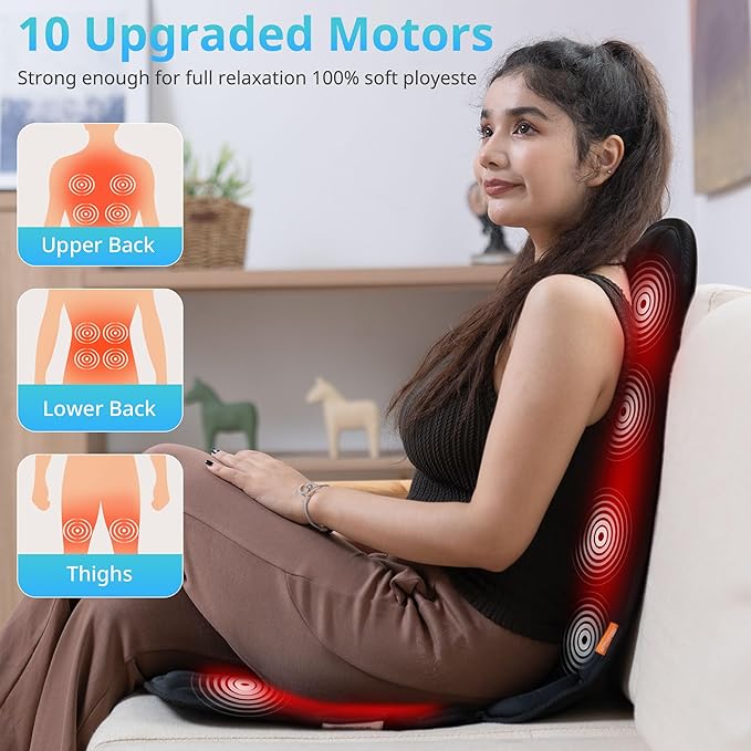 10 Vibration Motors Massage Seat Cushion with HeatBack Massager for Chair Back Massager Heated Seat Cover Massage Chair Pad for Pain Relief Home Office Use