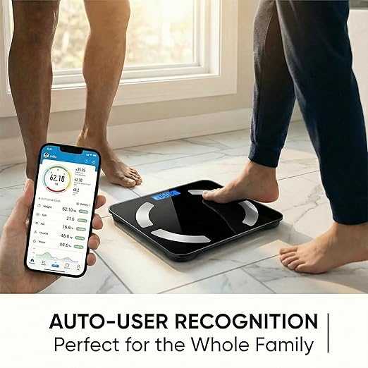 Smart Body Scale - Bluetooth Bathroom Scale with 18 Body Metrics &amp Trend Tracking Thickened I-Beam Design Large Tempered Glass 400 lbs Capacity (Black)
