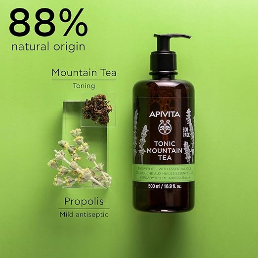 APIVITA Tonic Mountain Tea Shower Gel | Gently Cleanses Revitalizes &amp Preserves Moisture with Mountain Tea Propolis &amp Essential Oils