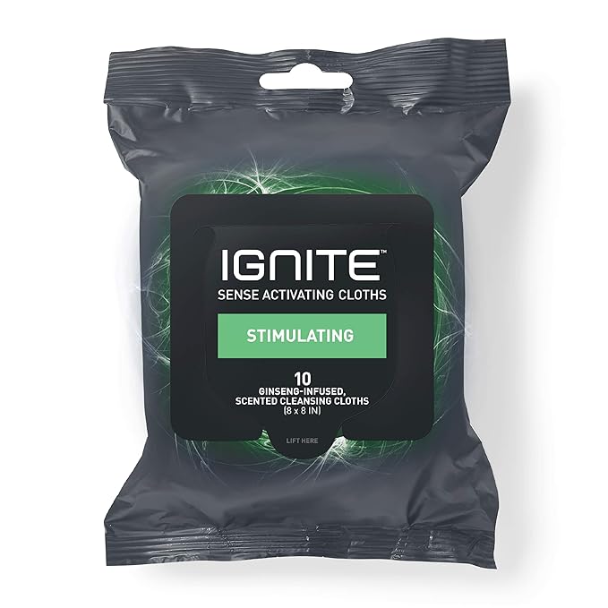 Ignite Mens Body Wet Wipes Extra Thick 8 x 8 Shower Wipes Stimulating Scent 10 Count (Pack of 5)