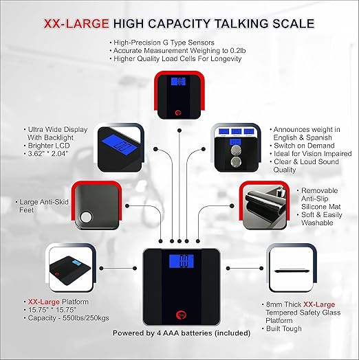 Tone 550 Extra Large 16 x 16 Platform Talking Bathroom Scale 550 lb Capacity English &amp Spanish Voice Easy-Read LCD Display Anti-Slip Mat Tempered Safety Glass Platform