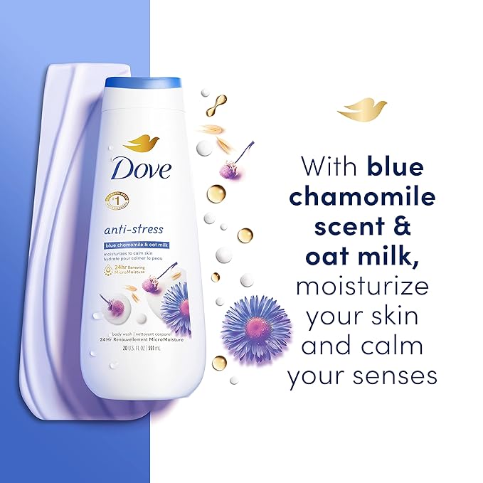 Dove Body Wash Anti-Stress Blue Chamomile &amp Oat Milk 4 Count for Renewed Healthy-Looking Skin Moisturizing Gentle Skin Cleanser with 24hr Renewing MicroMoisture 20 oz