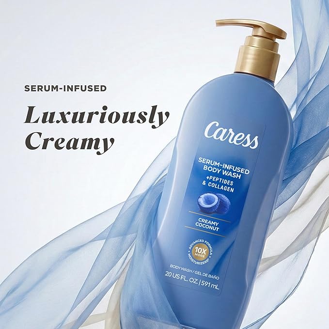 Caress Creamy Coconut Moisturizing Body Wash with Pump Serum-Infused Formula with Peptides &amp Collagen Fruity Tropical Long Lasting Fragrance Dermatologist Tested 20 fl oz (4 Pack)