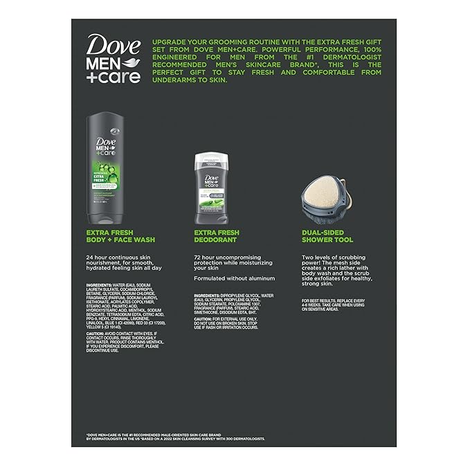 Dove Men+ Care Gift Set – Dove Face + Body Wash Dove Antiperspirant Refreshing Extra Fresh Scent Dove Active Clean Dual-Sided Shower Tool Christmas Gifts for Men (3 Piece Set)