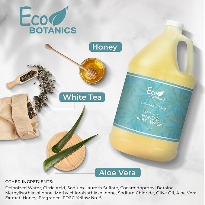 Terra Pure 1-Shoppe Eco Botanics Natural Hand and Body Wash with Raw Honey &amp White Tea | Gallon Jug Bulk Toiletries for Airbnb Vacation Rentals and Home Bathroom | Refill For Soap Dispensers
