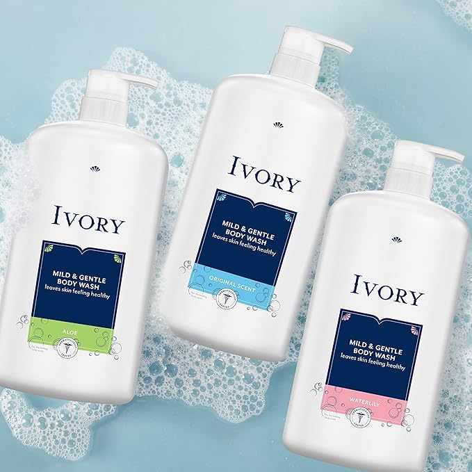 Ivory Body Wash - Ivory Clean Body Wash Pump Original with body pump. Ivory soap pamper yourself with this moisturizing body wash pump with 35 Fl. Oz. each with shower loofah (Pack of 2). (Water Lily)