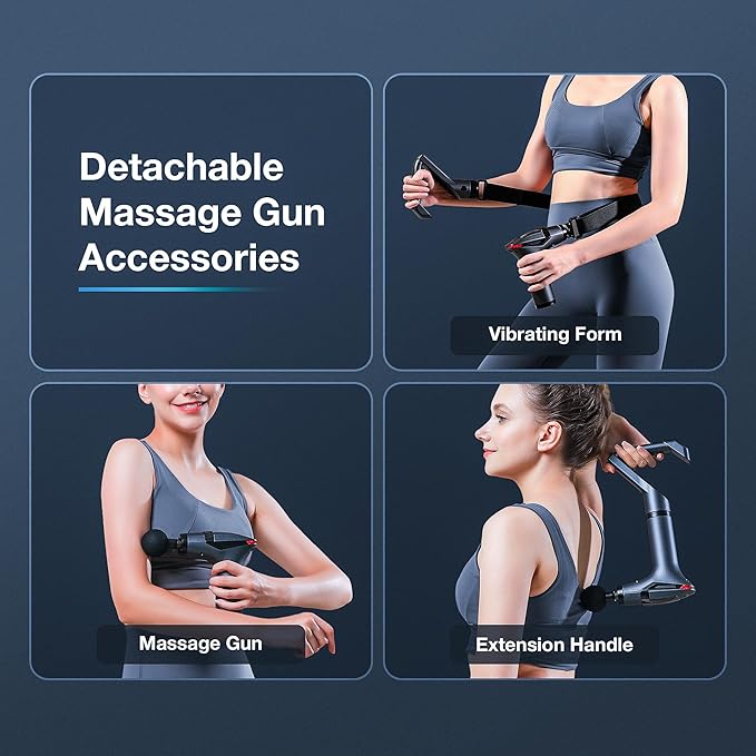 3-in-1 Massage Gun Extended Handle &amp Belt with 12 Speed Levels &amp 4 Replaceable Heads for Athletes Gym Recovery and Seniors Back Pain