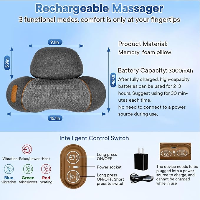 Neck Massager Pillow 3-in-1 Neck Massager Traction Massage with Heat Neck Pillow for Shoulder Pain Deep Tissue Pain ReliefRechargeable PillowIdeal Gift for Parents