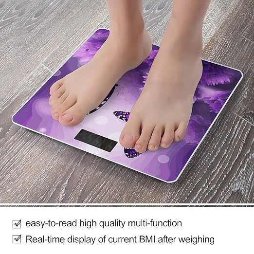 Purple Flower Butterflies Bathroom Scale for Body Weight 400 Lb Weight Scale with High Precision Sensors Tempered Glass Highly Accurate Digital Weighing Machine for People