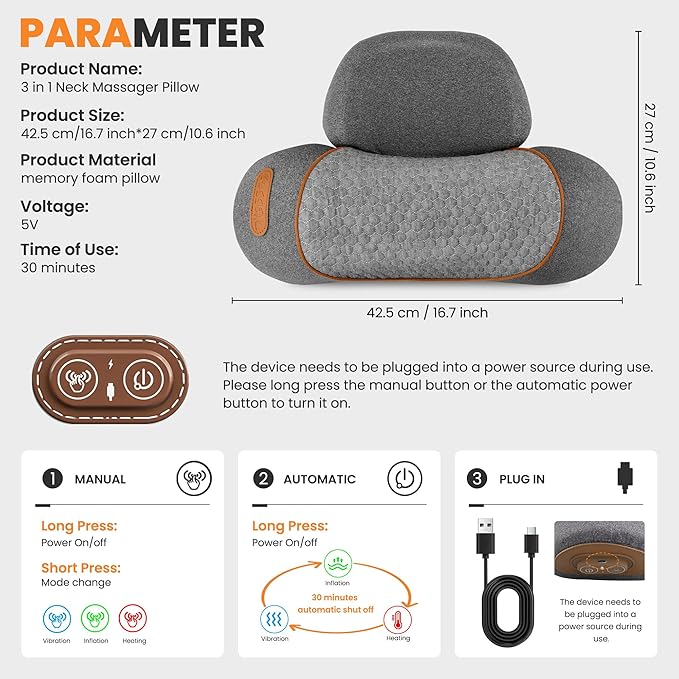 3-in-1 Rechargeable Neck Massager Pillow - Pillow Massage Neck Hump for Shoulder Pain Deep Tissue Pain Relief with Heating and Traction Function Hump Corrector for WomenGrey