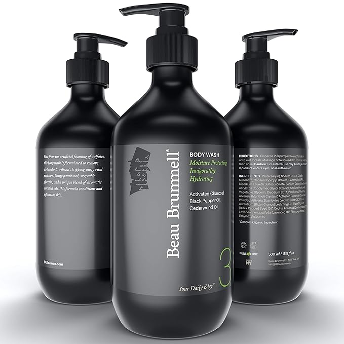 Daily Hydrating Body Wash for Men by Beau Brummell | A Luxury Daily Body Wash Formulated to Remove Dirt and Oils Without Stripping Away Vital Moisture | Large 16.9 OZ Bottle | Made in USA