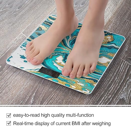 Turquoise Blue Gold Marble Bathroom Scale for Body Weight with High Precision Large LCD Backlight Display Digital Weighing Scale with BMI Capacity Up to 180kg