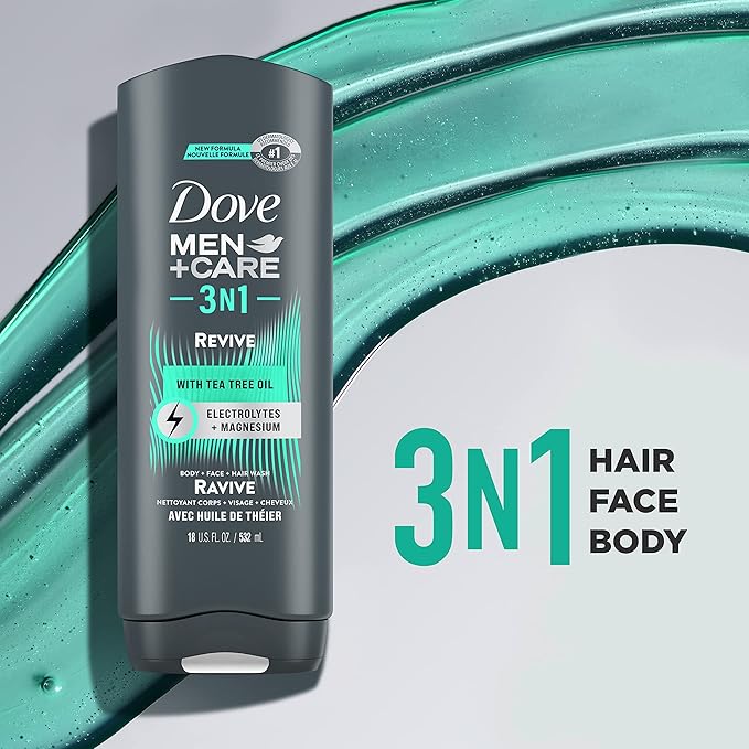 DOVE MEN + CARE Post-Workout Body Wash 3N1 Revive 4 Count For Men With Tea Tree Oil 18 oz