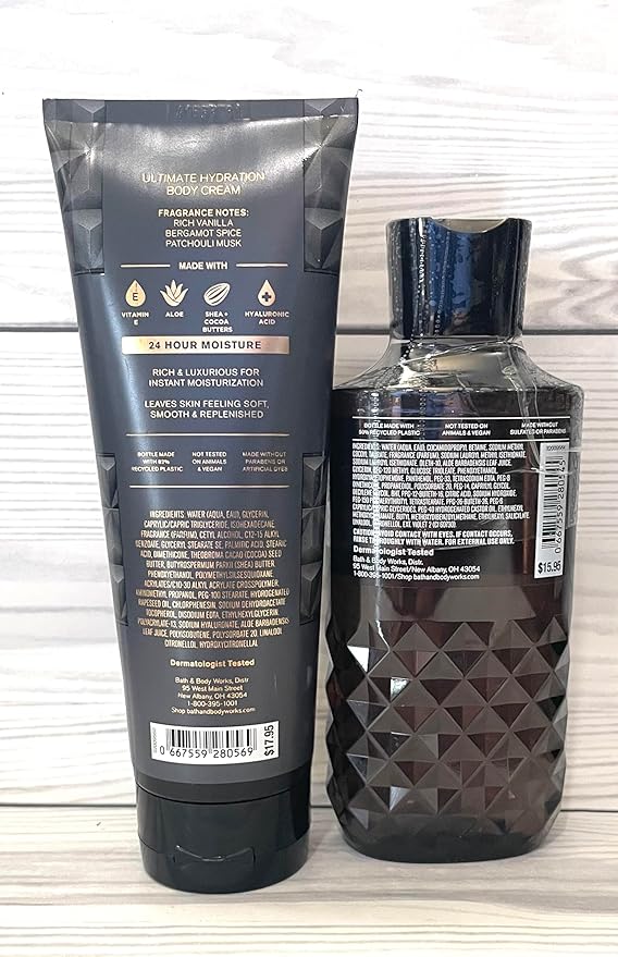 Bath &amp Body Works Vanilla Noir Men's 3-in-1 Hair Face &amp Body Wash and Body Cream 2 Piece Set