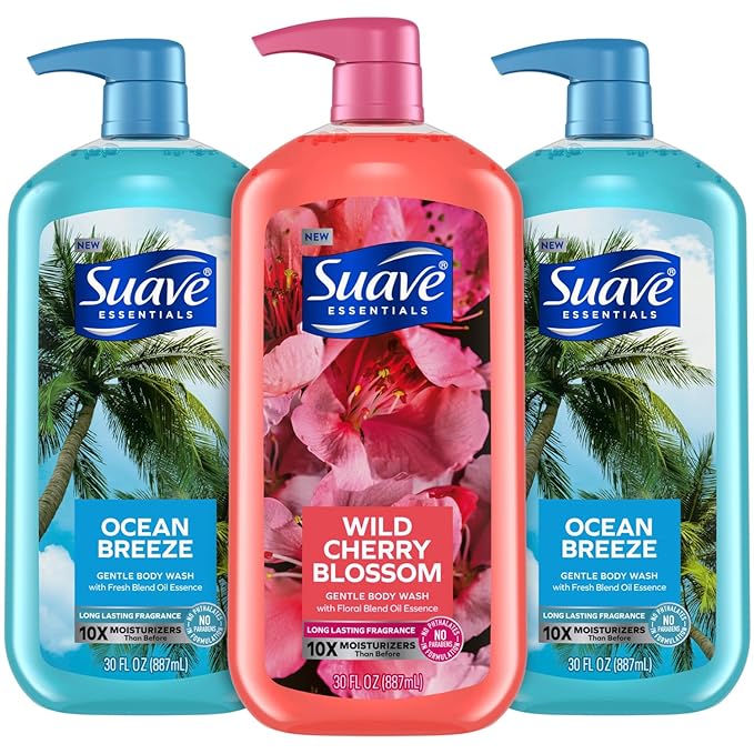 Suave Body Wash Variety Bundle – Ocean Breeze 2-Pack &amp Wild Cherry Blossom Gentle &amp Moisturizing Body Washes with Vitamin E 30 Oz Ea (3 Piece Set)