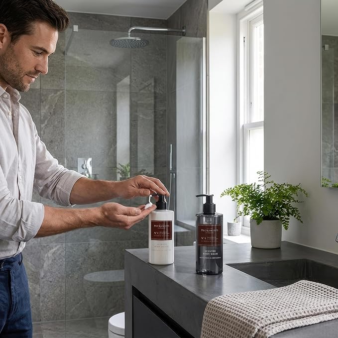 Pecksniffs Mens Bathing Duo Collection – Bourbon &amp Mandarin Scented Body Wash and Body Lotion Gift Set 2 x 250ml