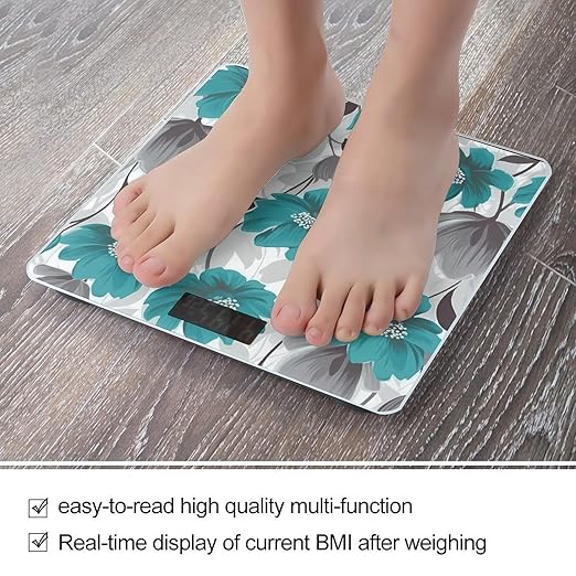 Teal Grey and White Floral1 Weight Scale Large Bathroom Scales Digital Weight with Bright LED Display Non Slip Automatic Weighing Scale Fashion Weighing Machine for Body